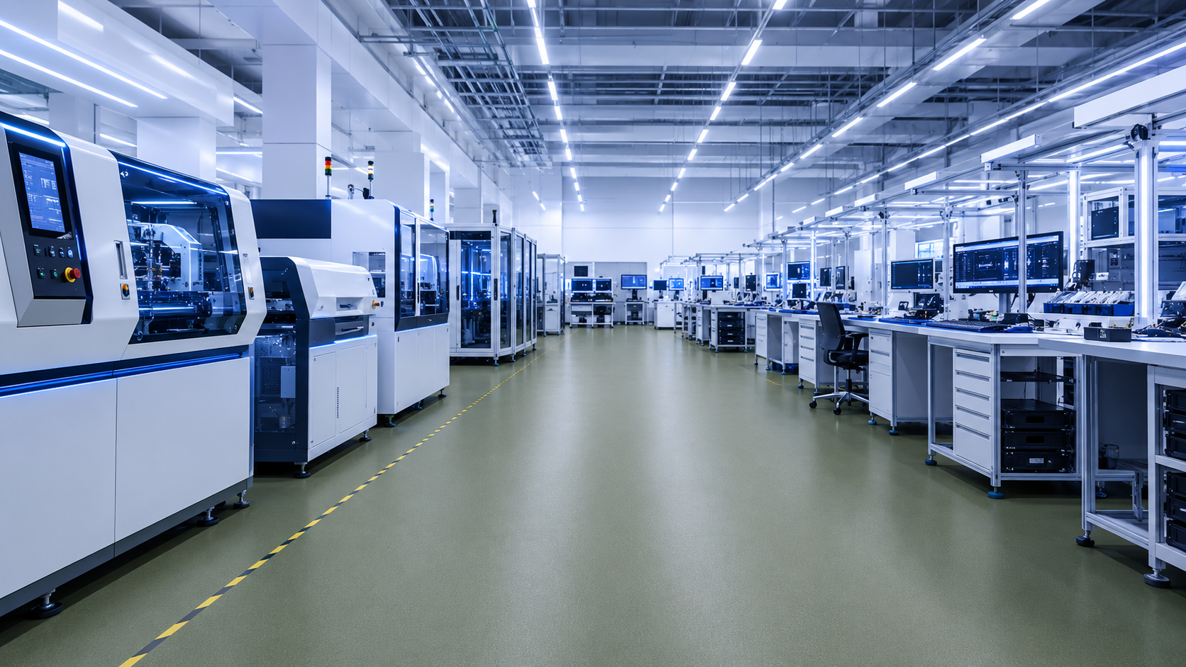 Industrial ESD floor coating with humidity-independent anti-static protection and conductive paint grid grounding system